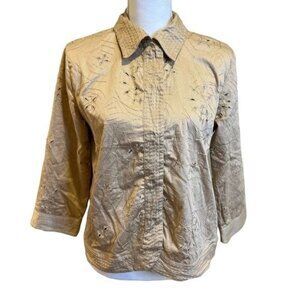 Chico’s Blazer Stitched Eyelet Popsy Jacket Victorian Pearl tan Small Modest